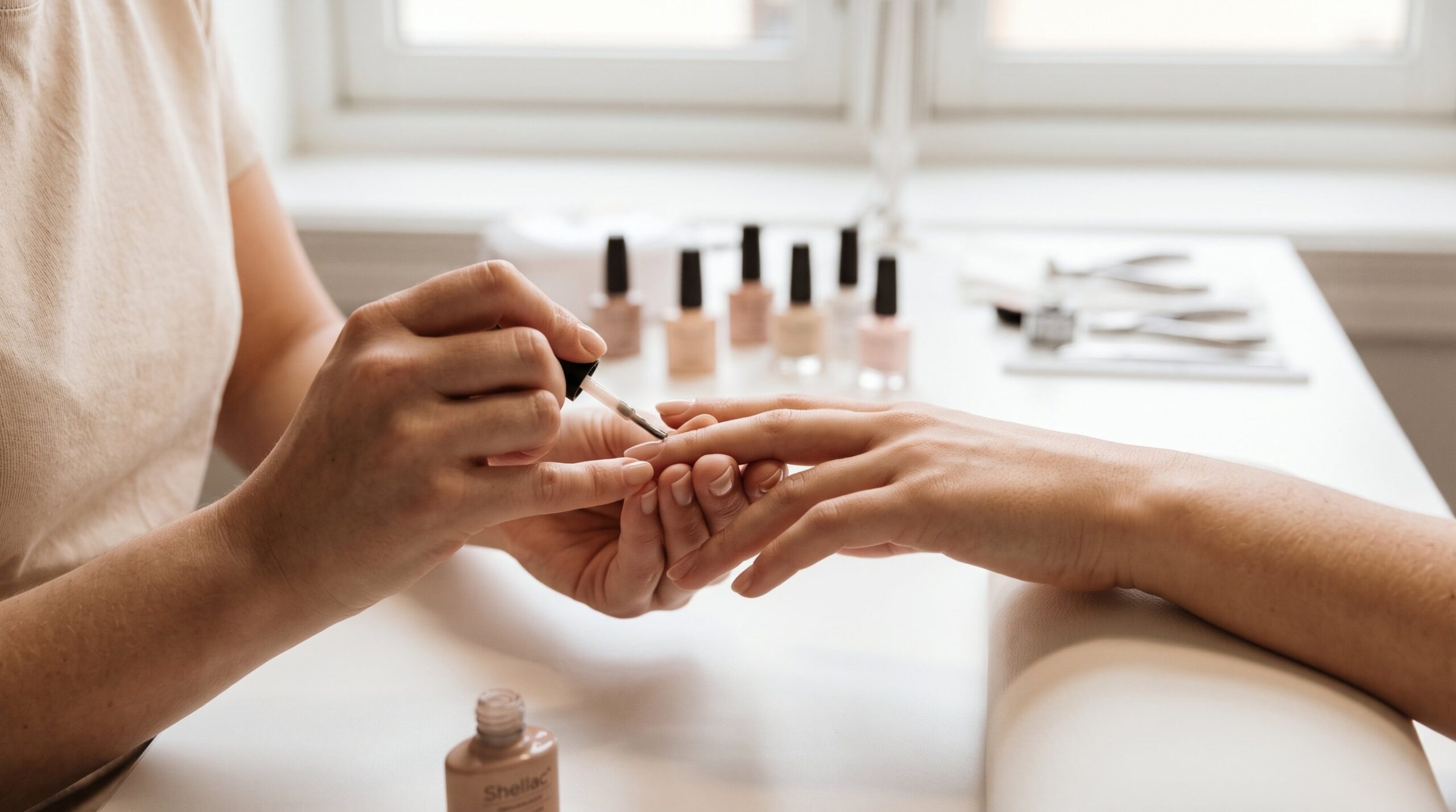 Neglteknolog legger nude shellac på en kundes negler hos Pilote på Bigo Senteret i Holmestrand