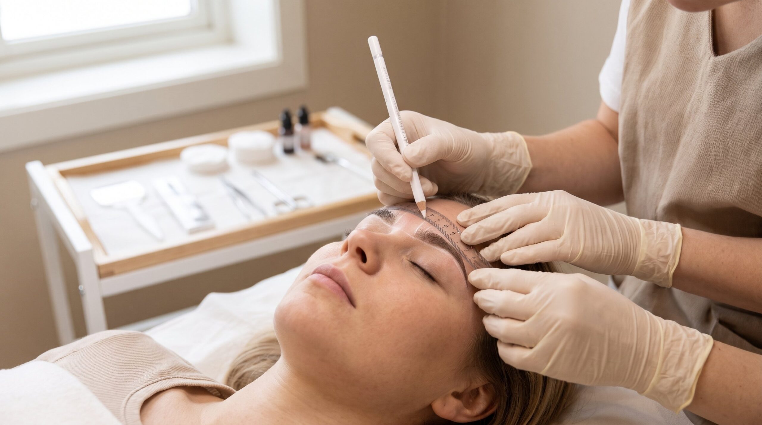Behandler måler opp og tegner brynform med linjal og hvit blyant før permanent makeup hos Pilote i Holmestrand