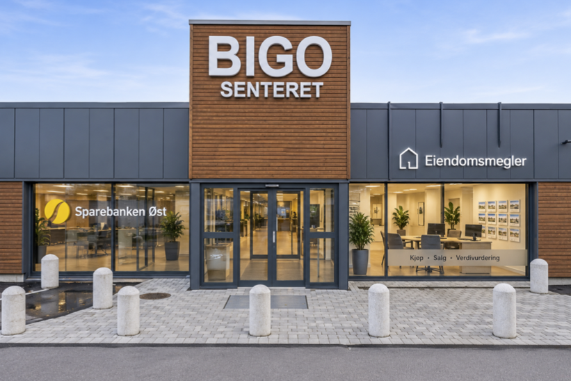 Illustrasjon av Bigo Senteret sett utenfra, med Sparebanken Øst og et eiendomsmeglerkontor i det ledige lokalet